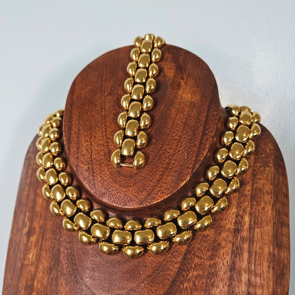 Napier Vintage Gold Tone Triple Row Bean Domed Puffy Link Necklace Bracelet Set